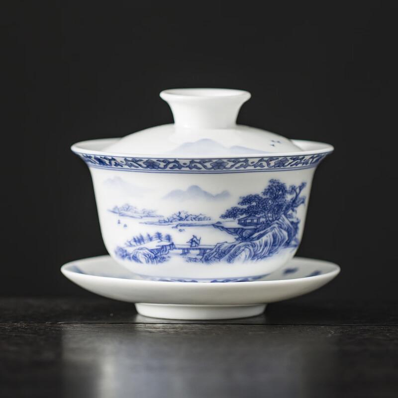 Blue and White Porcelain Lotus Landscape Gaiwan