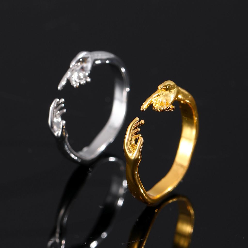 Creative Two Hands Shape Open Adjustable Ring Minimalist Unique Statement Finger Ornament for Women Daily Fashion Matching Jewelry