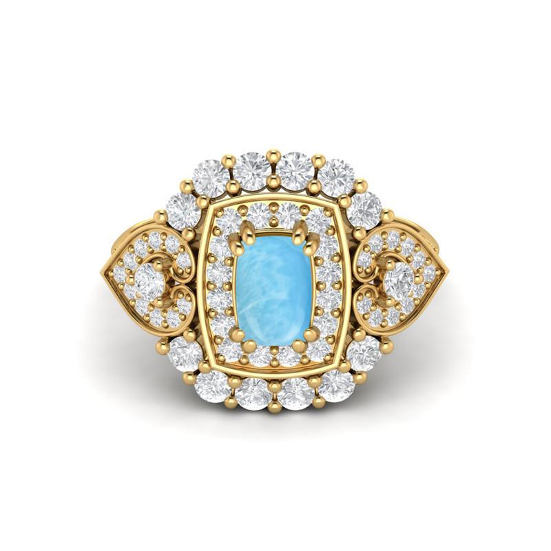 6X4MM Cushion Larimar Gemstone 925 Sterling Silver Gold Plated Solitaire Halo Women Engagement Ring