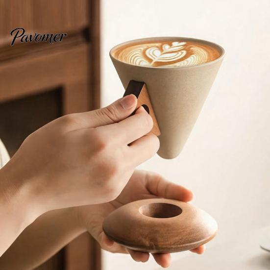 Artistic Frosted Texture Mug Creative Cone Coffee Cup Set with Ergonomic Handle Solid Wood Coaster High-Temperature Office Home 250ml Ceramic Tapered