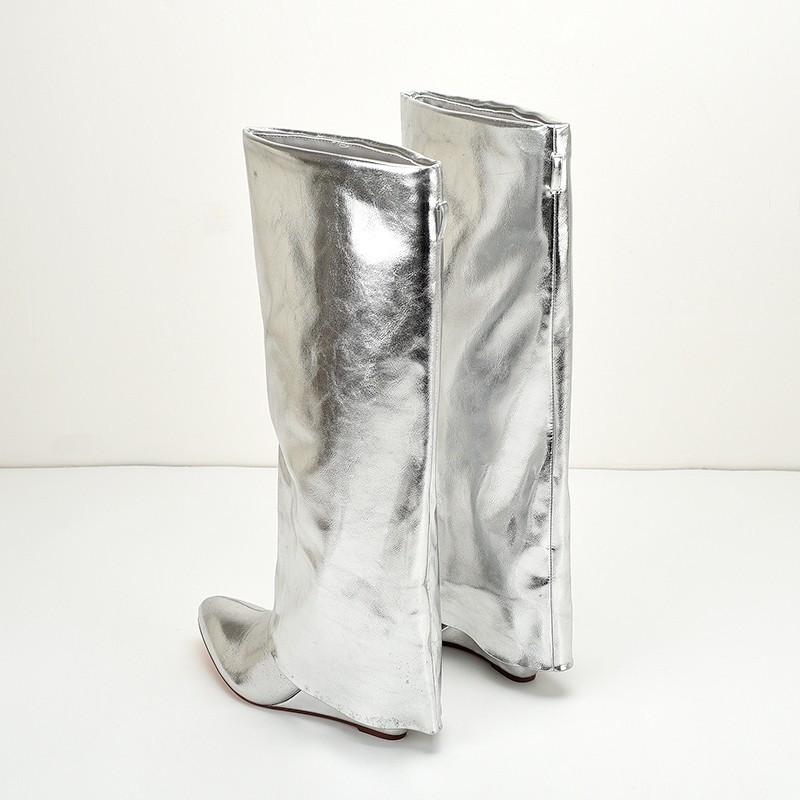 Stivali Pantalone Americani Taglia Larga 42 Argento Punta Tonda Tacco Alto Zip Stivali Alti Fino al Ginocchio Stile Europeo e Americano