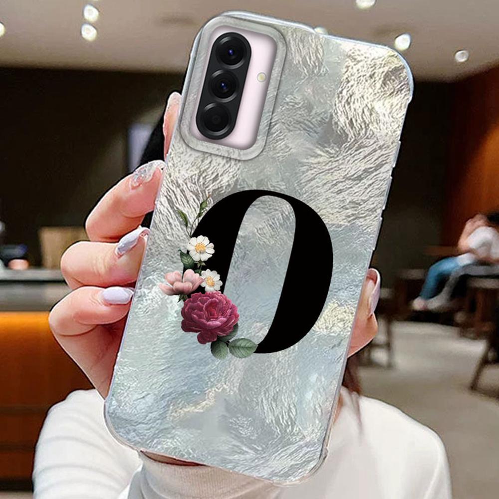 Black A-Z Letter Flower Laser Gradient For Samsung Galaxy A16 A36 A56 Phone Cases Cover Silicone Clear Soft Protect Back Bumper Hard PC Back Cover