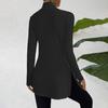 Women Knitting Tops High Collar Long Sleeve Slim Fit Sweater Tops Mid-length Side Split Design Solid Color Ribbed Tops