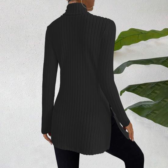 Women Knitting Tops High Collar Long Sleeve Slim Fit Sweater Tops Mid-length Side Split Design Solid Color Ribbed Tops