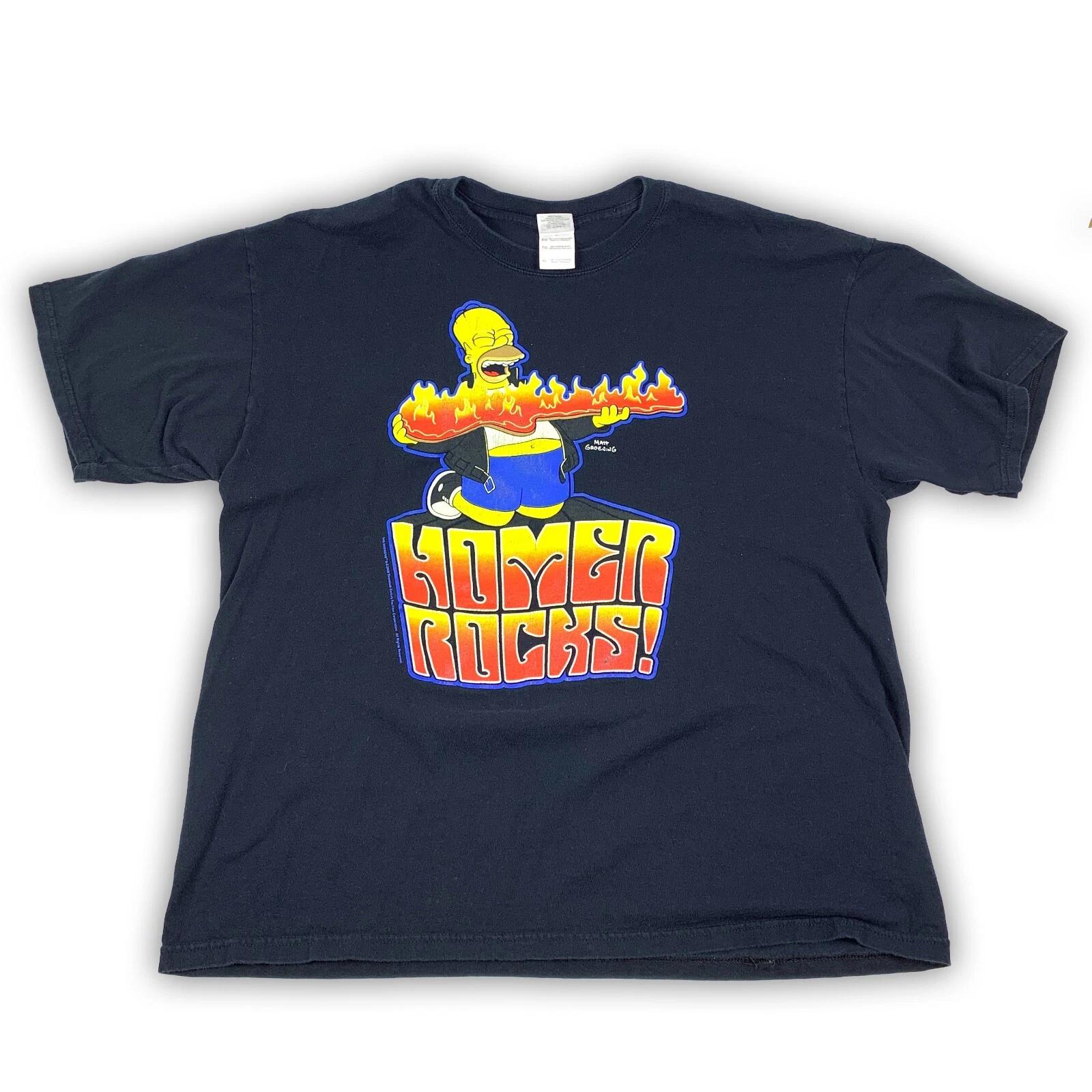 Gildan Heavy Cotton 2009 The Simpsons Homer Rocks Flaming Guitar Black T Shirt 150