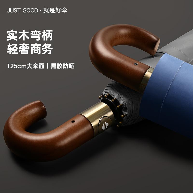 New 10-bone Automatic Oversized Umbrella Retro Umbrella Lettering Solid Wood Curved Handle Men's Dual-use