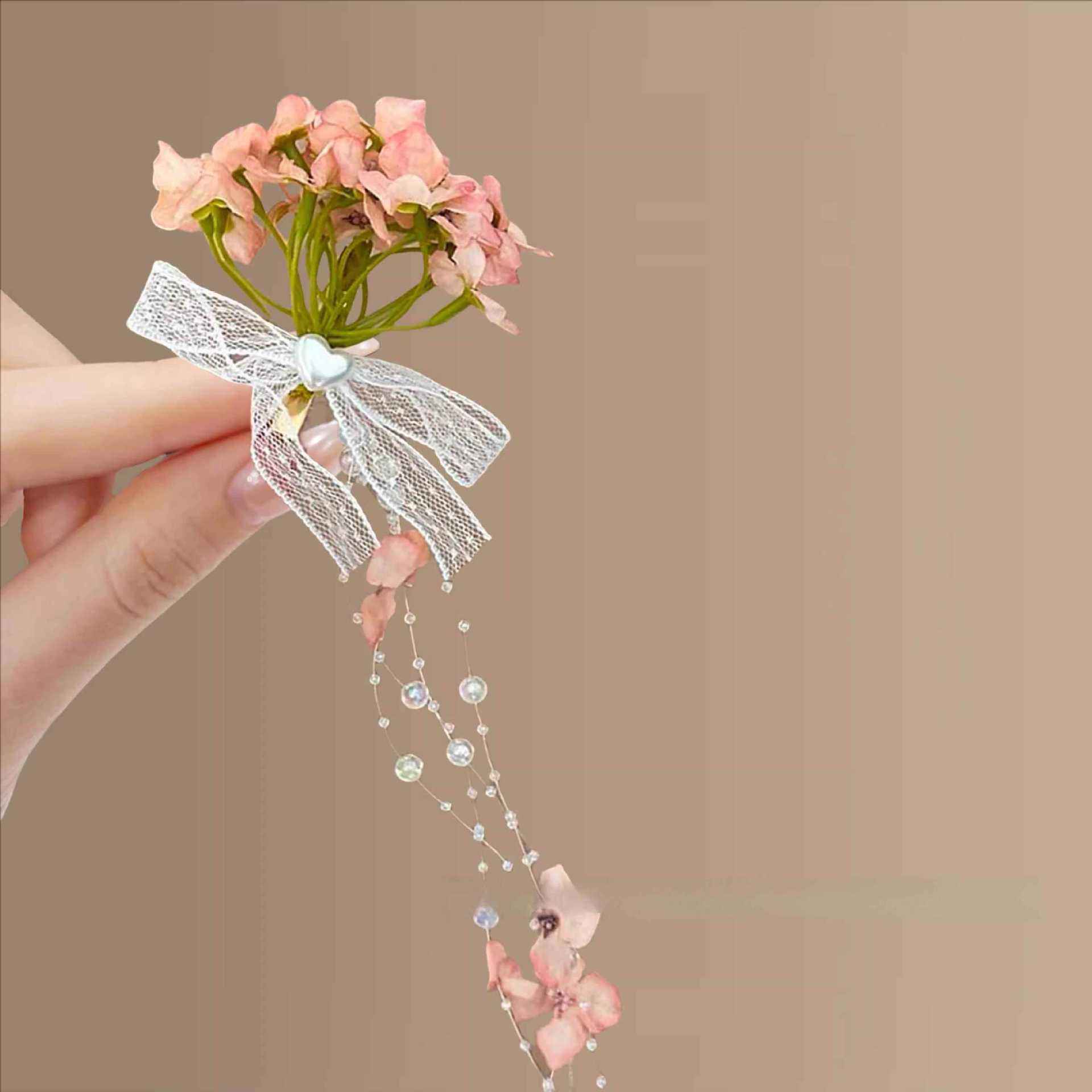 

Кружевной бант жемчужная цветок кисточка заколка для волос высокое чувство утиный зажим модный нишевый темперамент аксессуары для волос женщины