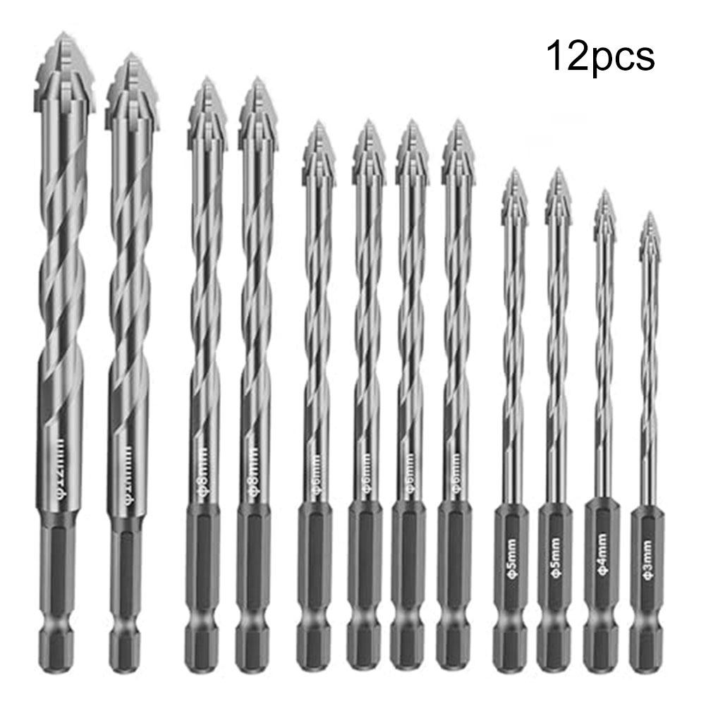 

12pcs/Set 4-Edged Serrated Eccentric Drill Bit Hexagonal Shank Multifunctional Tile Glass Metal Wood Drill Bit 3/4/5/6/8/10/12mm срібний