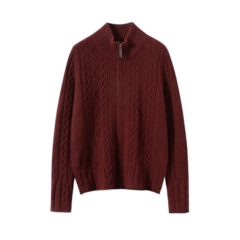 Women's 100% Cashmere Cable-Knit Cardigan Coat – Long Sleeve, Half High Neck, Zip Closure, Loose Fit