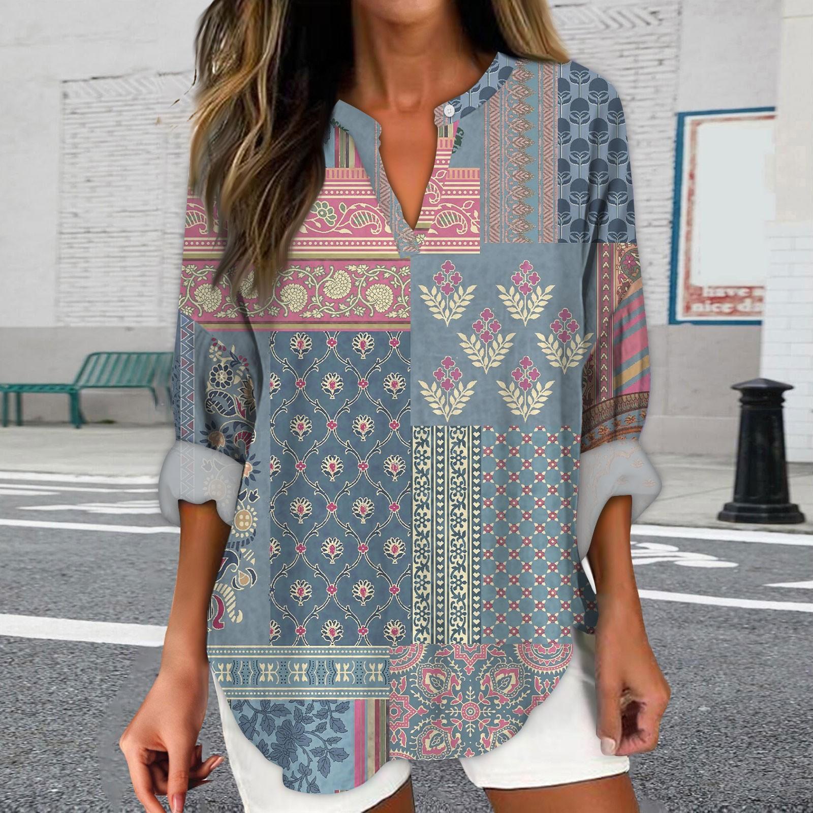 

Womens Long Sleeve Tops Textured Print Shirts Dressy V Neck Shirts XL