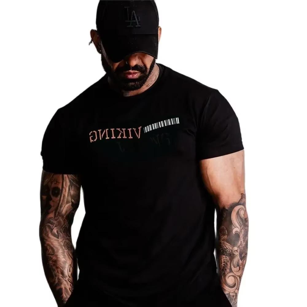 2024 English Letter Printing 100% High Quality Cotton Round Neck Casual Training New Men's Fitness and Fitness T-shirt
