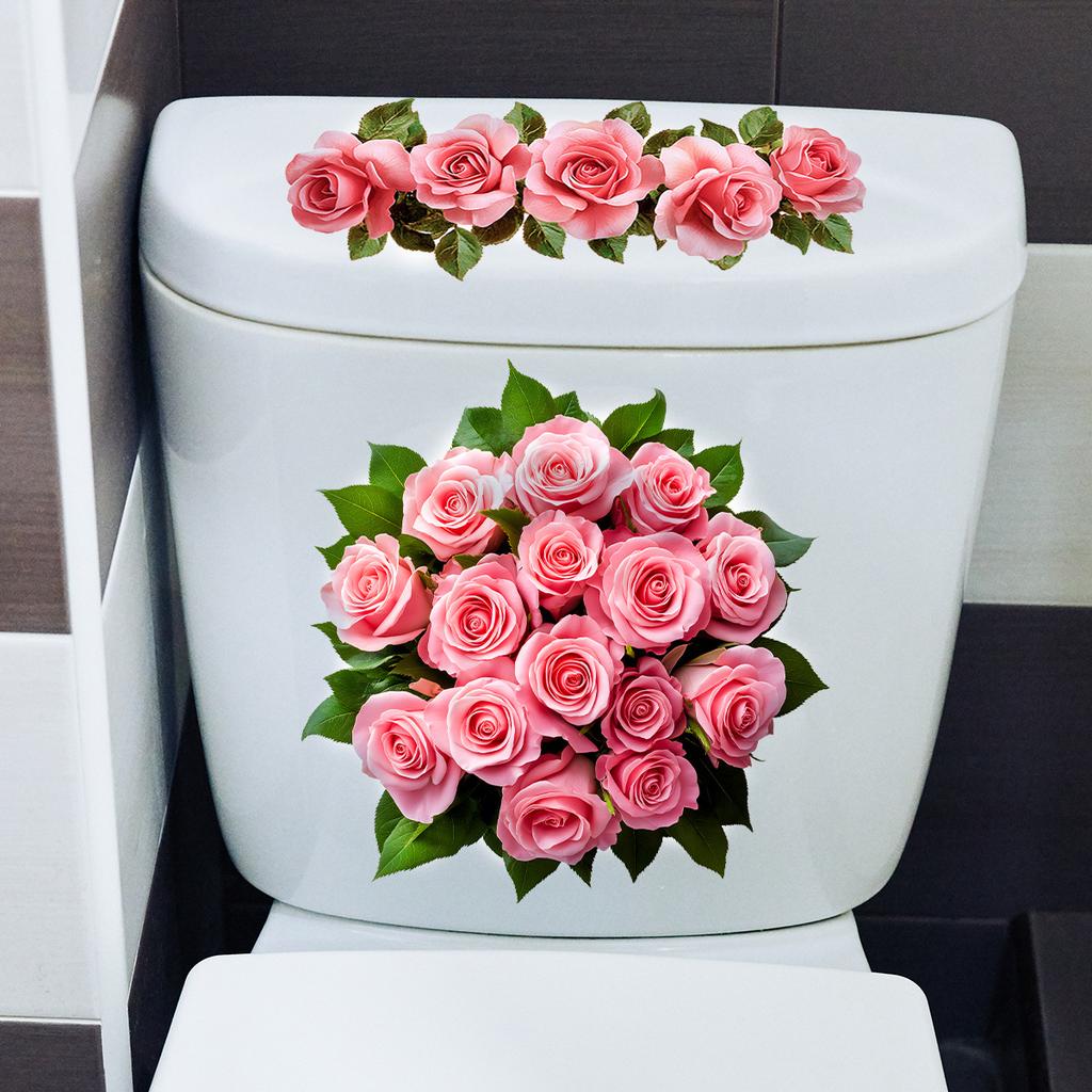 Romantic Pink Rose Toilet Sticker Self-adhesive Waterproof Bathroom Decoration Sticker