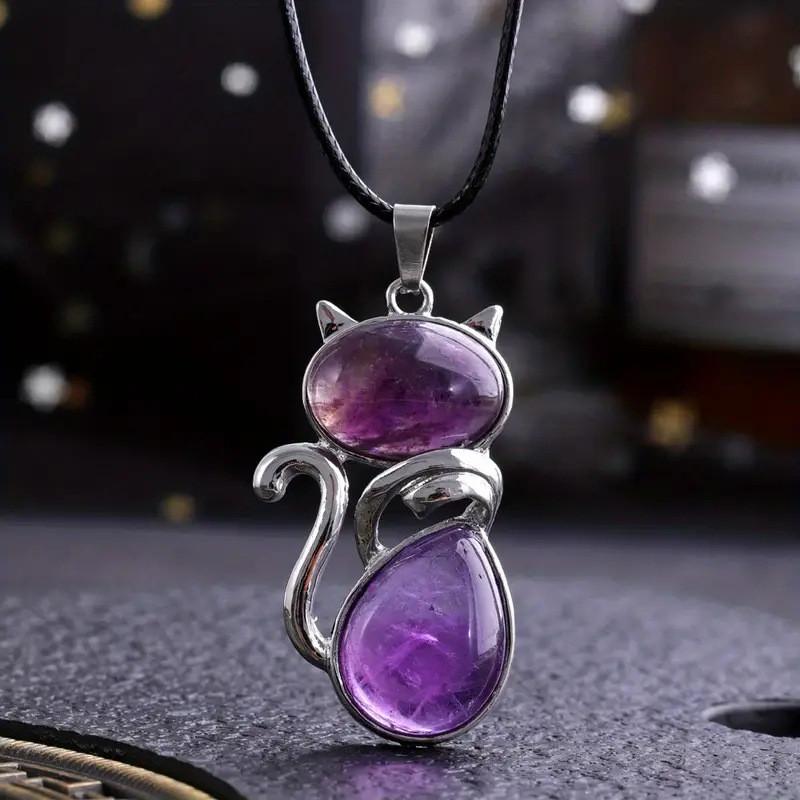 Natürlicher Kristall Katzen Anhänger Halskette Mit Amethyst Und Rosenquarz Für Einzigartigen Schmuck Geschenk