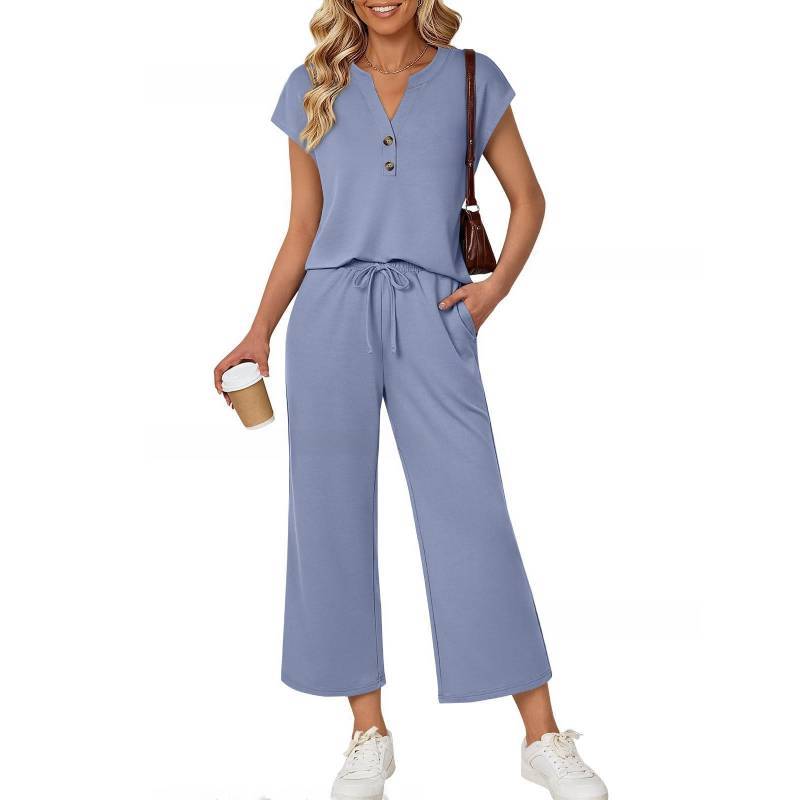 Ensemble Deux Pièces Uni à Manches Courtes pour Femmes en Tissu Polyester Décontracté Printemps Été