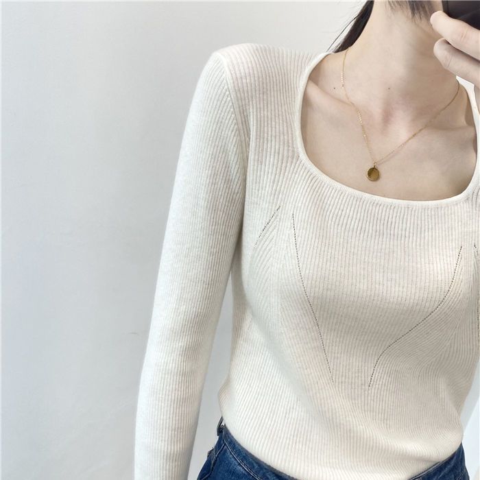 

Женский трикотажный базовый топ с квадратным вырезом на весну, однотонный свитер с длинным рукавом, базовый слой для пальто XL белый