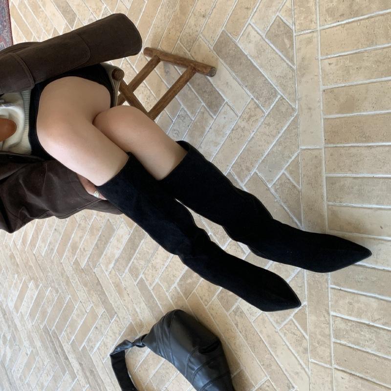 Retro pointed simple suede fashion high heel thin heel knight boots but knee boots women
