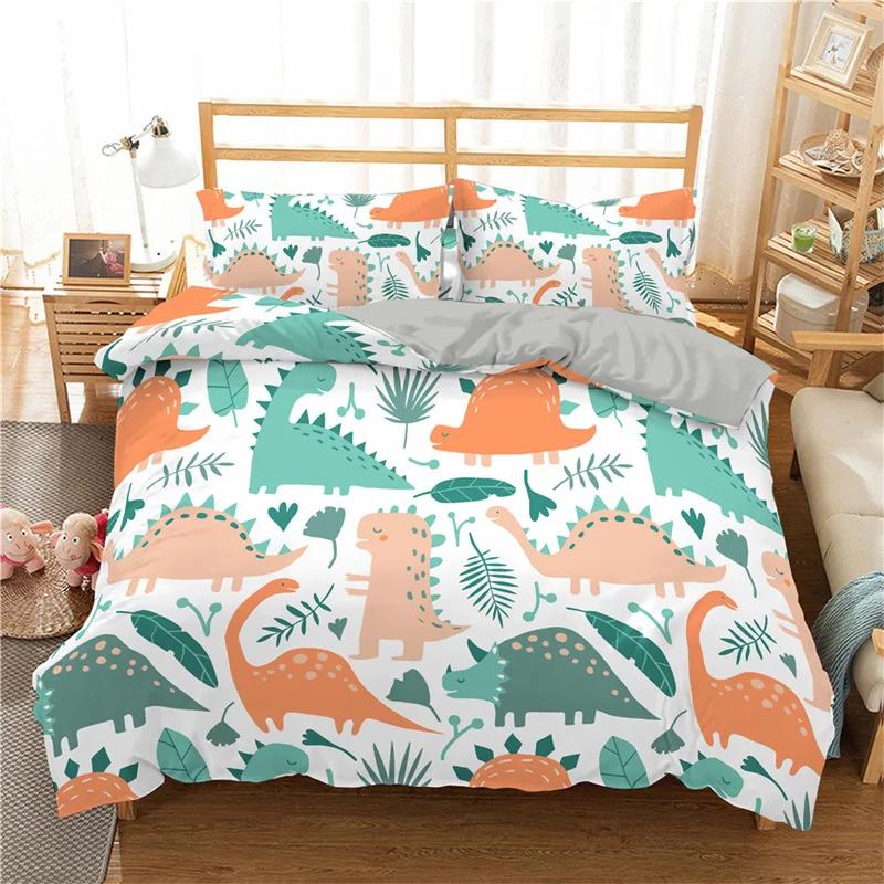 Cute Cartoon Dinosaur Duvet Cover For Boy Girl 2/3Pcs Kawaii Animal Dinosaur Print Bedding Set Twin Queen Microfiber Quilt Cover