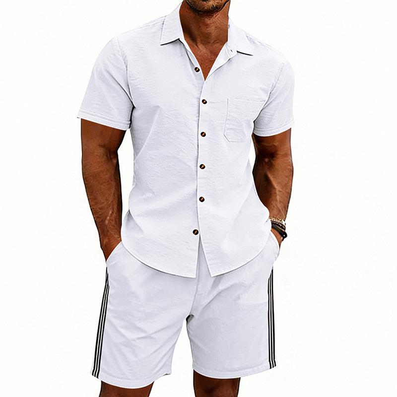 Men's Summer Plain Short Sleeve Shirt & Zipper Shorts Set