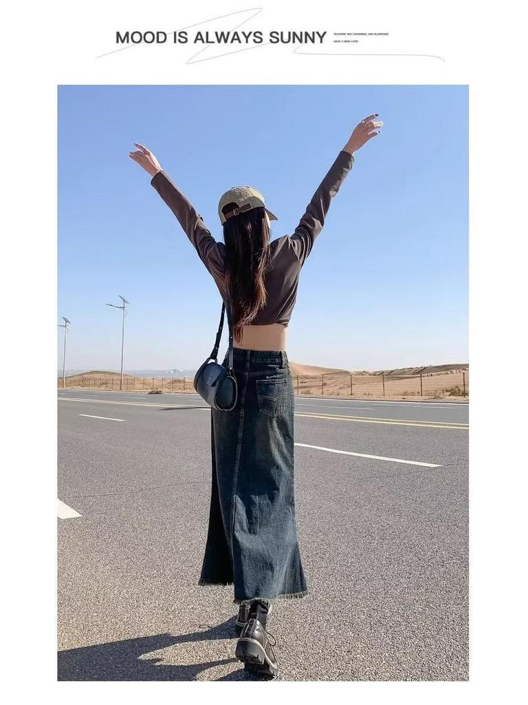 Γυναικεία Μπλούζα Μεγάλου Μεγέθους Α-Γραμμής Ρετρό Τζιν Μίντι Φούστα - Ψηλόμεση, Στενή Γραμμή, Ακατέργαστη Άκρη, Σχέδιο Ουράς Ψαριού για Άνοιξη και Φθινόπωρο