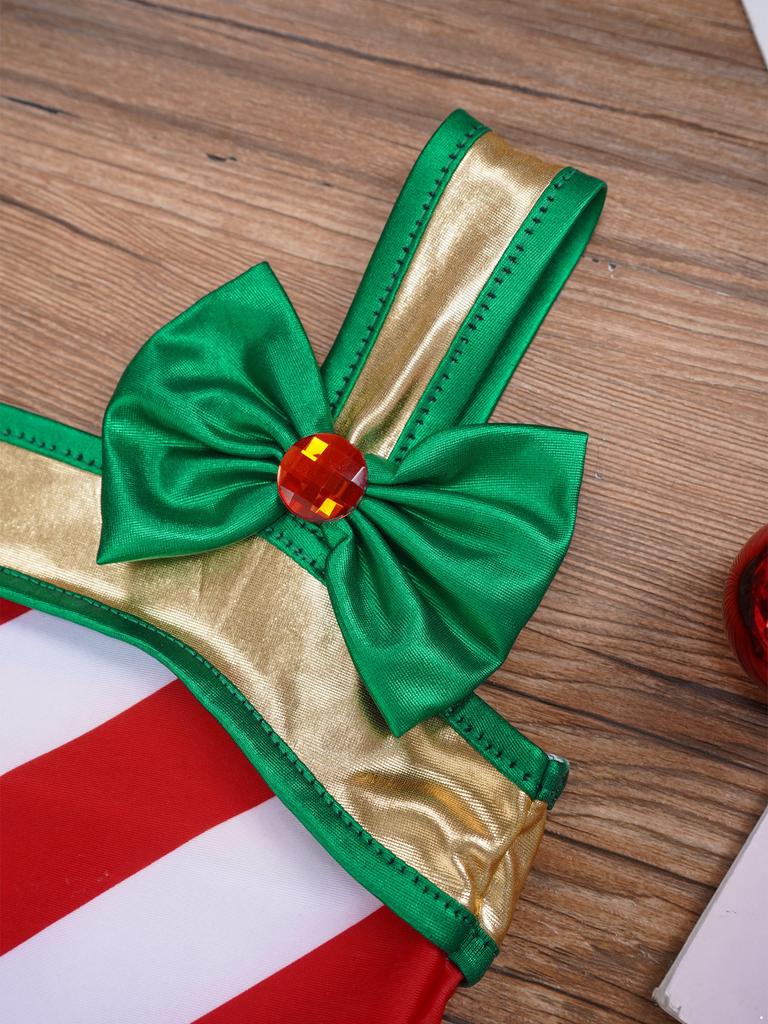 Girls Christmas Jumpsuit Striped Design Rhinestone Bow Adorned Ruffle Skirt Shorts Bodysuit Cosplay Costume