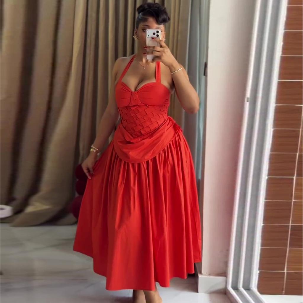 European and American women's clothing summer new African sexy banquet neck high waist pleated dress