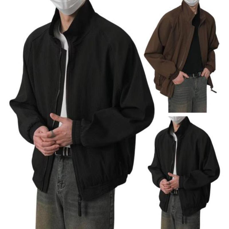 Autumn Jacket Men Lapel Long Sleeve Elastic Hem Zipper Placket Coat Solid Color Retro Style Casual Outwear