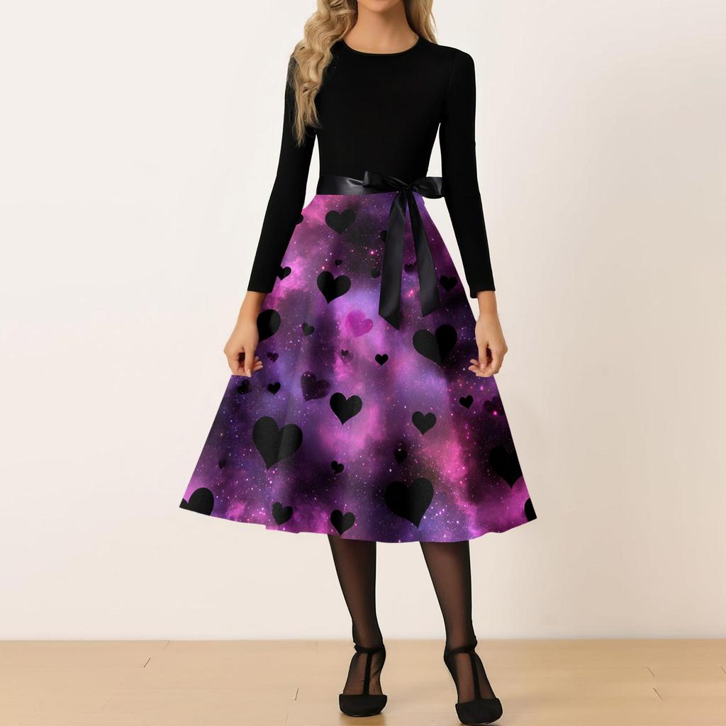 Women's Casual Fashion Round Neck Valentine's Day Printed Retro Dress