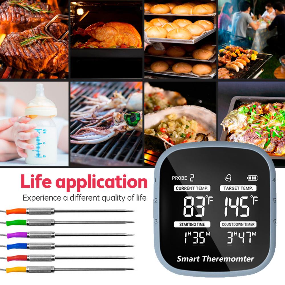 Kabelloses Fleischthermometer, LCD, digitales Grillthermometer mit Alarm, 6 Sonden, magnetisch, 164 Fuß BT