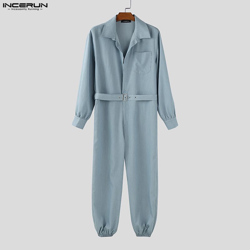 INCERUN Men Lapel Neck Long Sleeve Belt Solid Color Casual Buttons Long Jumpsuits Rompers