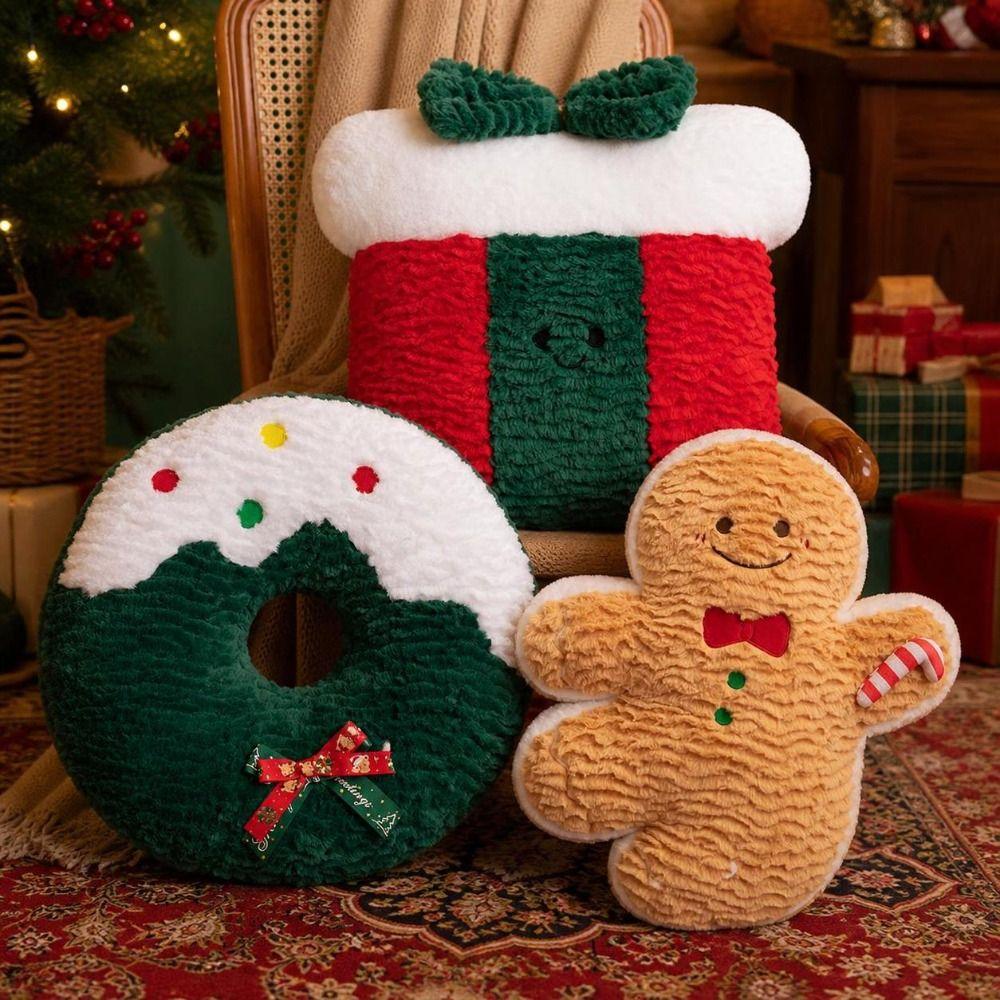 Soft Stuffed Gingerbread Man Cushion Seasonal Pattern Tree Pillow Cute Waist Cushion Home Decor
