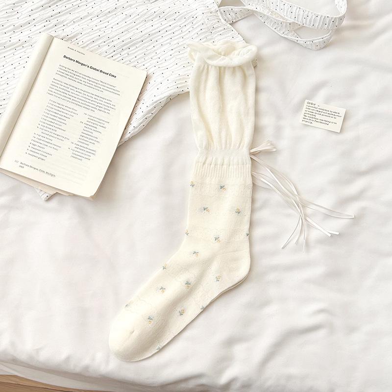 Women's Ballet-Style Ruffled Mesh Socks - Breathable, Anti-Pilling Cotton, Korean Style, Lace-Up Design