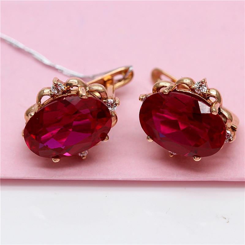 Exquisite Russian 585 Purple Gold Women'S Red Stone Egg Surface Earrings Fashion Temperament Pure Color Gold Plated Rose Gold Earrings