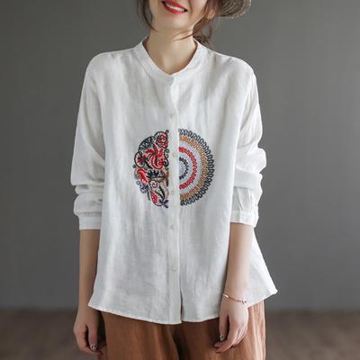 Pavasario retro etninio stiliaus medvilniniai lininiai siuvinėjimai laisvi ilgomis rankovėmis marškinėliai moterims