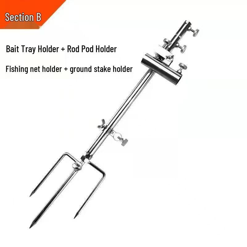 3-in-1 Stainless Steel Fishing Rod Holder with Bait Tray & Ground Stake