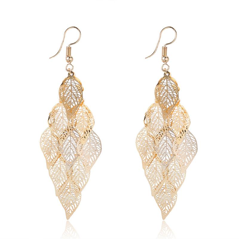 Vintage Hollow Leaves Drop Earrings for Women Bohemian Colorful Long Dangle Earrings 2024 Fashion Zircon Boucle Oreille Femme