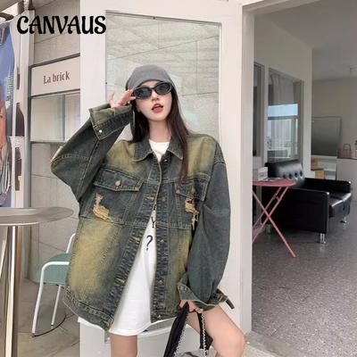 Retro Broken Holes Denim Jacket Women's Spring and Autumn Loose Long-sleeved Top Tide