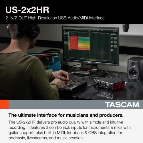 TASCAM US-2X2HR 2-Mic, 2-In/2-Out 24-bit/192kHz High-Resolution USB Audio/MIDI Interface for YouTube, Music Production, Live Streaming, and DTM