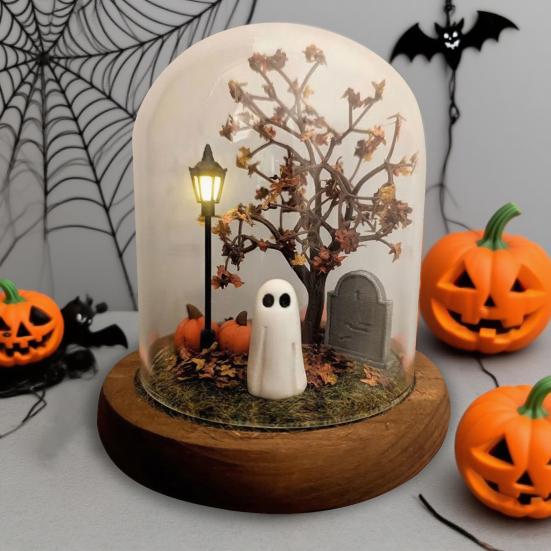 Halloween Ghost Pumpkin Lantern Lighted Glass Dome Cloche Horror Desktop Ornament for Home Fireplace Table Indoor Night Light