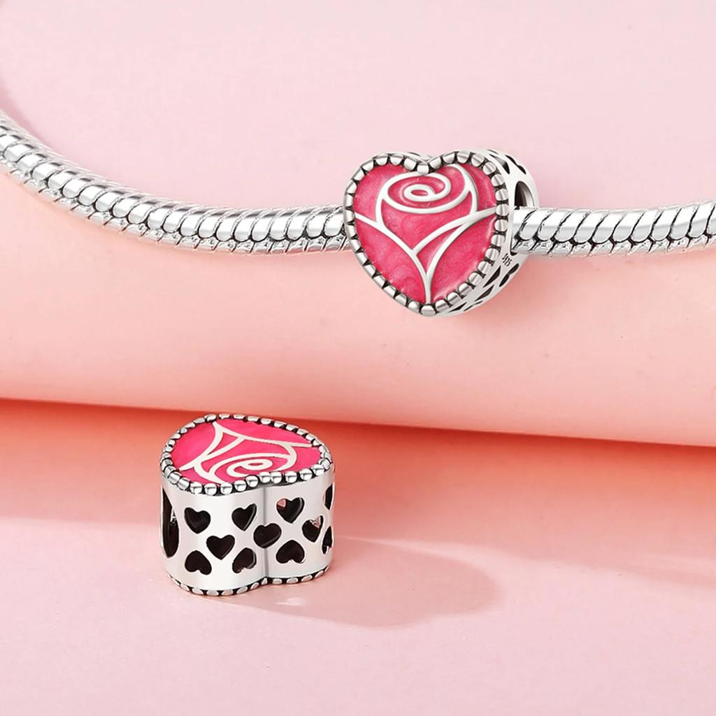 Anniversary Copper Charms Pink Flower Heart Beads Fit Bracelet Necklace Bead Jewelry Making Fine Jewelry Gift