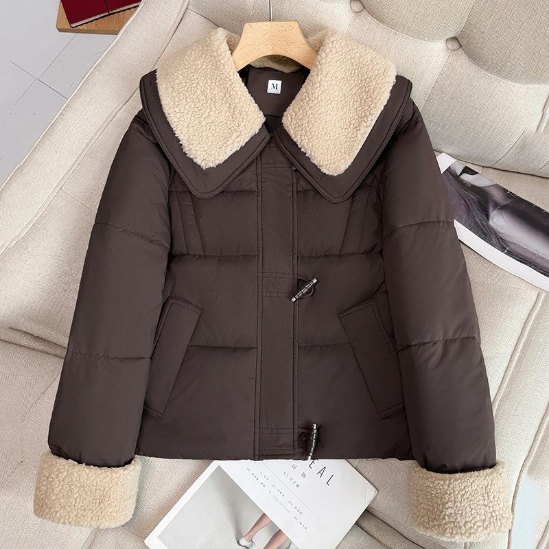New doll collar contrasting color fashionable splicing horn buckle short cotton coat long sleeve jacket
