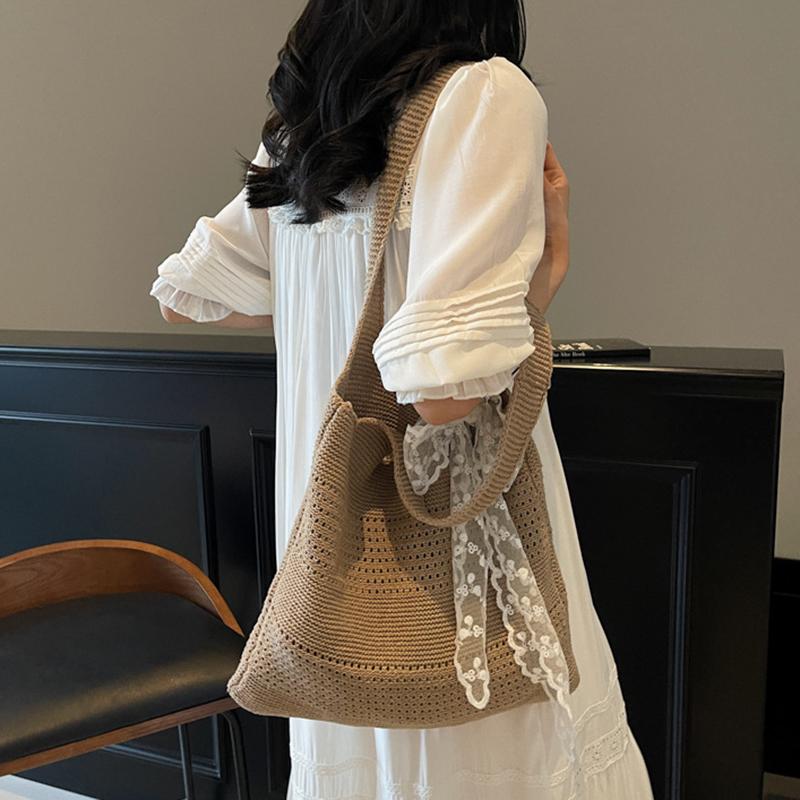 Yogodlns Summer Beach Tote Bag Women New Fashion Hollow Out Weave Shoulder Bags Female Lace Decorate Handbags