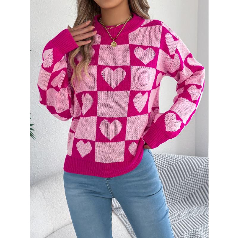 

Autumn and Winter Checkered Heart-shaped Lantern Sleeve Pullover Sweater for Valentine s Day Women s Clothing S