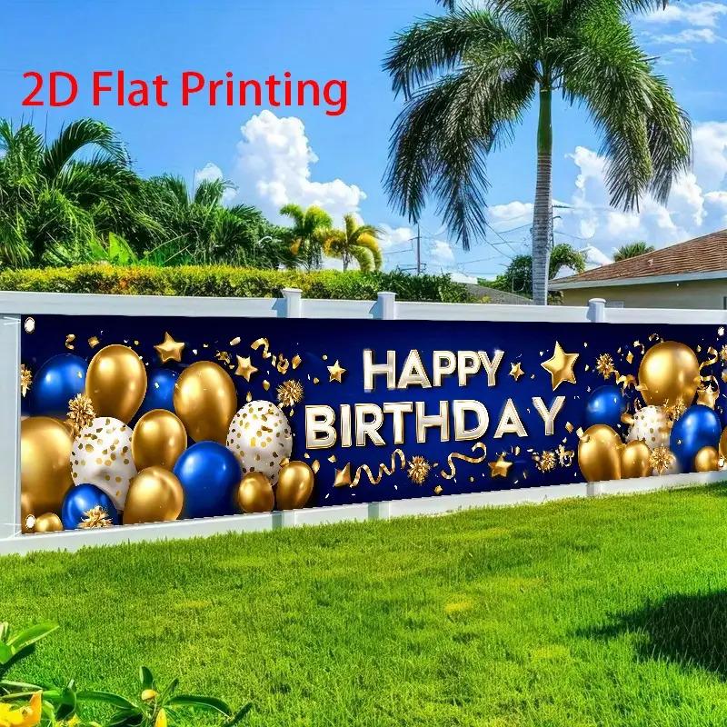 Happy Birthday Fence Banner, Blue Golden & White Balloons Stars Confetti Design, Polyester Outdoor Garden Garage Studio Decoration