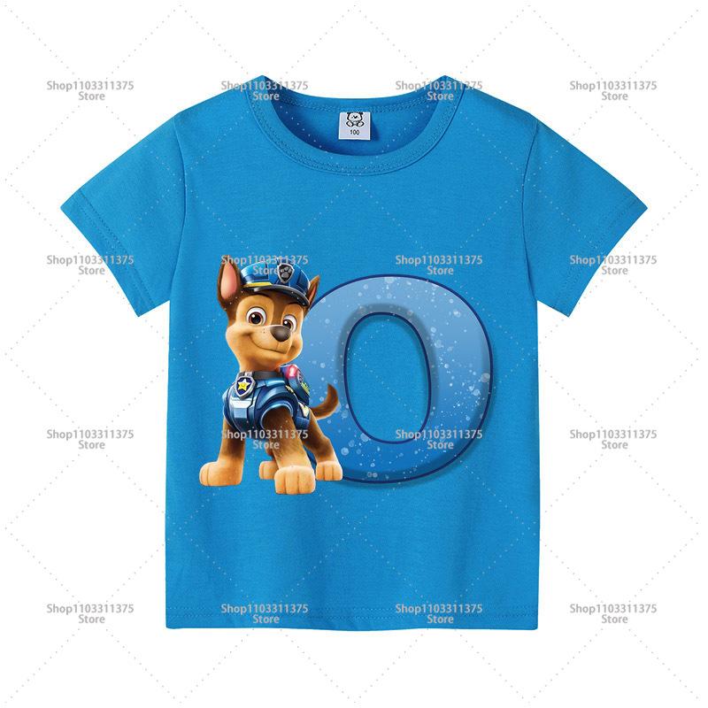 Cute PAW Patrol Blue T-shirt Boys Clothes Letter A-Z Printed Short Sleeve Cartoon Fashion Kids Birthday Toddler Cotton Tops Gift