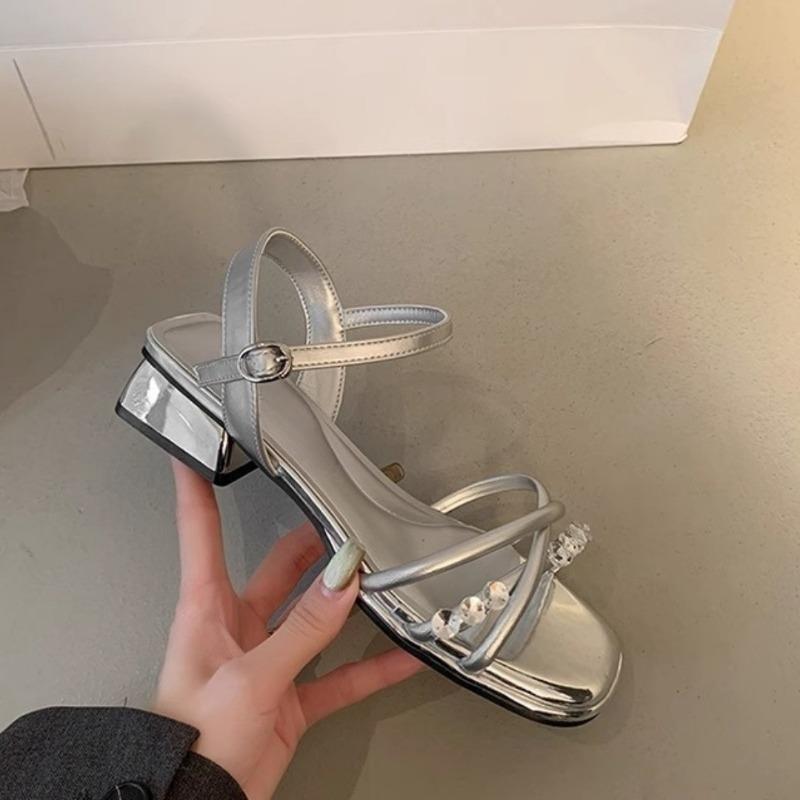 New Women's Sandals with Rhinestones Single Shoes and Thick Heels