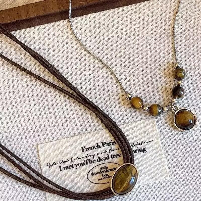 Vintage Leather Brown Stone Pendant Necklace Women's Retro Stacking Choker Temperament Clavicle Chain Hip Hop Jewelry Accessory
