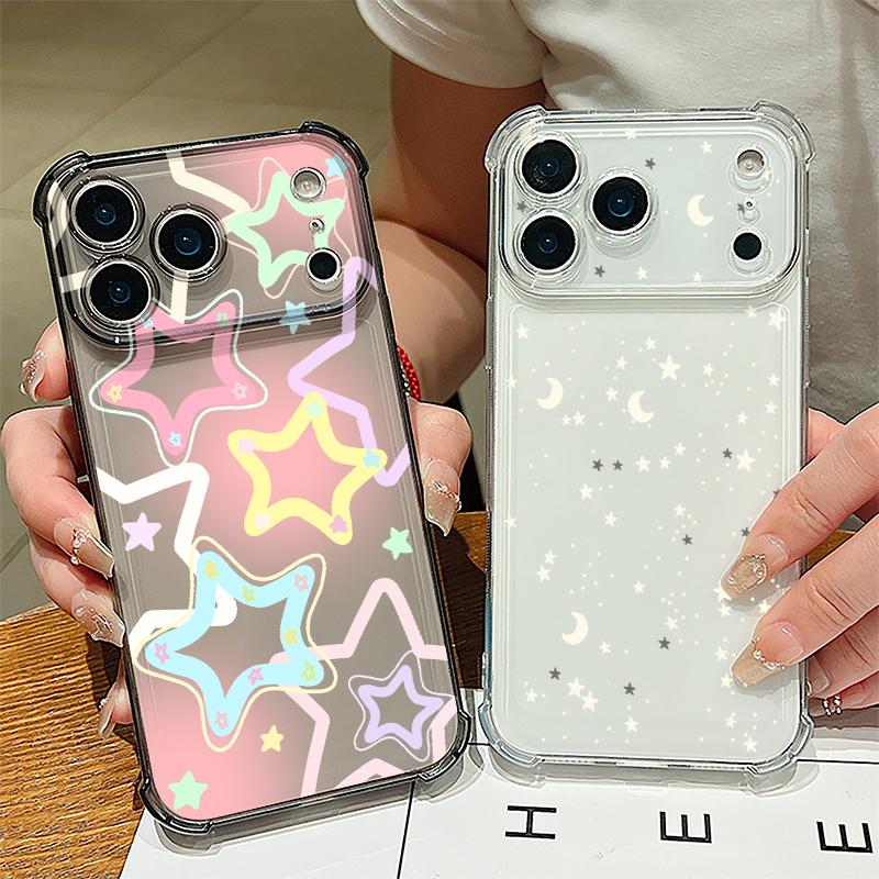 Star Moon Pattern Phone Case For iPhone 17e 17 16 15 Pro Max 14 13 Pro 16 Shockproof Clear TPU Soft Card Slot Pocket Back Cover