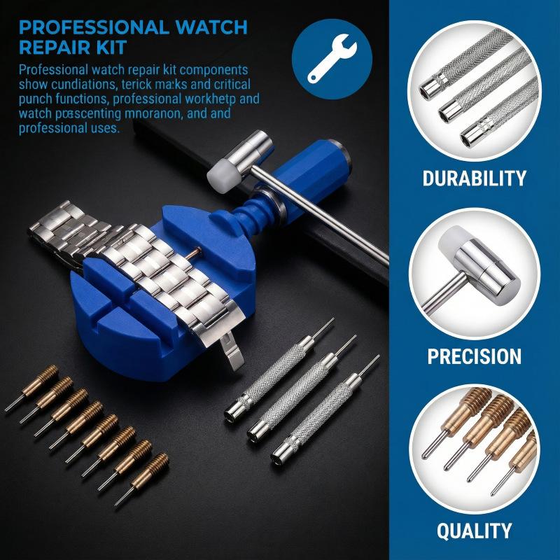 18-Piece Watch Repair Tool Kit with Strap Remover, Punch Pin, and Metal Hammer.