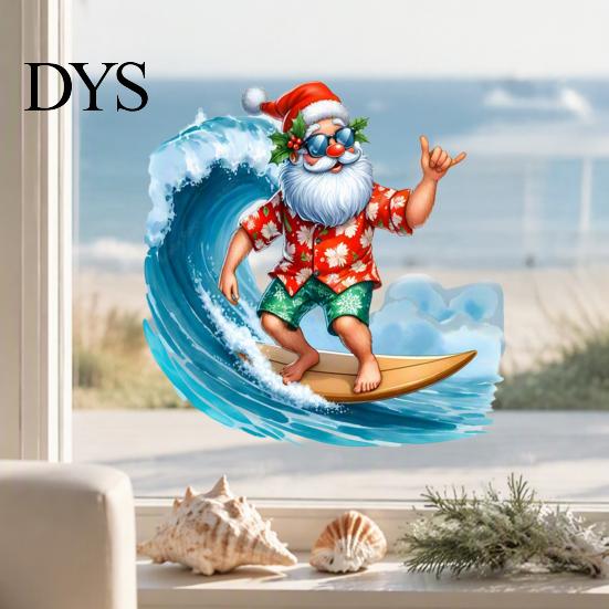 DIY Window Display Stickers Christmas Surfing Santa Claus Static Glass Sticker, Tropical Waterproof PVC Decal for Sunproof Surface Decals Home
