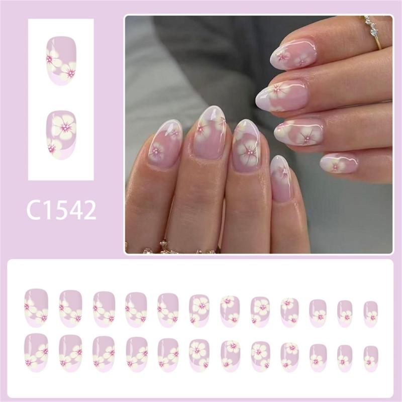 24PCS Floral Pattern Press On Nail In Light Purple French Style Oval Shape Shining For Quick Application Daily Use